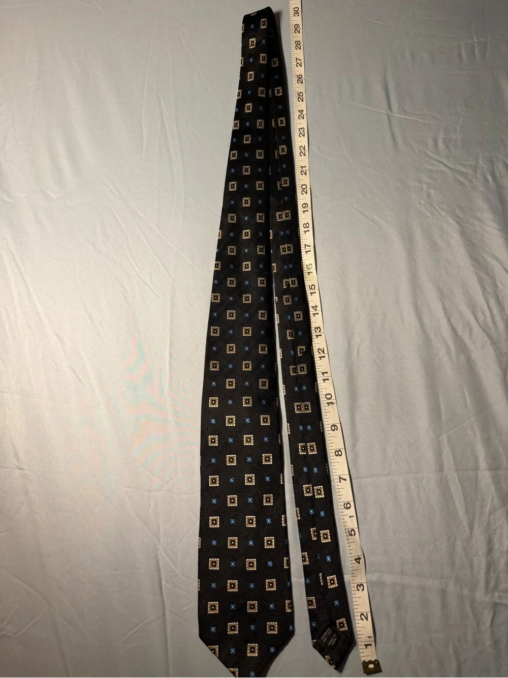 Jos. A. Bank Black Tie with Blue and Gold Geometric Squares